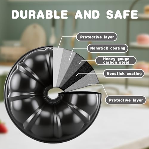 Shinsin Bundt Cake Pan, 10-Inch Nonstick Round Fluted Tube Cake Baking Pan, Buntz Pound Cake Mold,Tube Bakeware,Baking Mold for Jello/Gelatin/Chocoflan/Flan, Non Toxic, Easy Clean - Black - Thumbnail 4