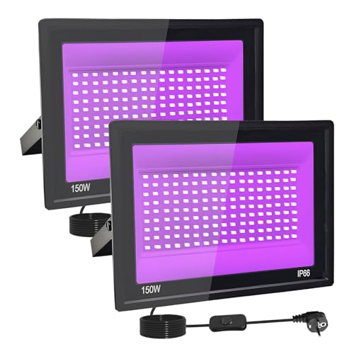 Tkdaksy 2 Piezas 150W LED Luz Negra, IP66 Impermeable Foco UV Ultravioleta, Luz Negra Ultravioleta Con Interruptor para Halloween, Pintura Corporal, Neón, DJ, Black light Party, Discoteca