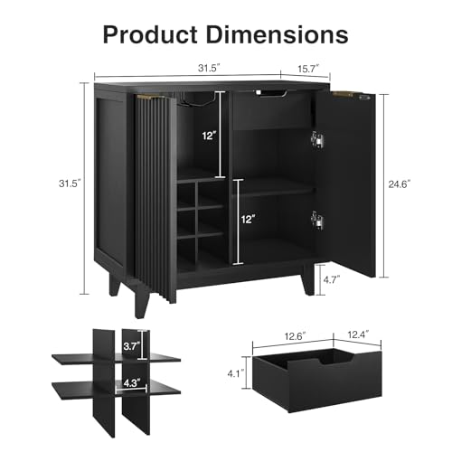 Fluted Coffee Bar Cabinet with Storage, Modern Sideboard Buffet Cabinet with Removable Wine Rack, Drawer, Adjustable Shelf, Black Liquor Cabinets for Living Room, Dining Room, Kitchen, Entryway