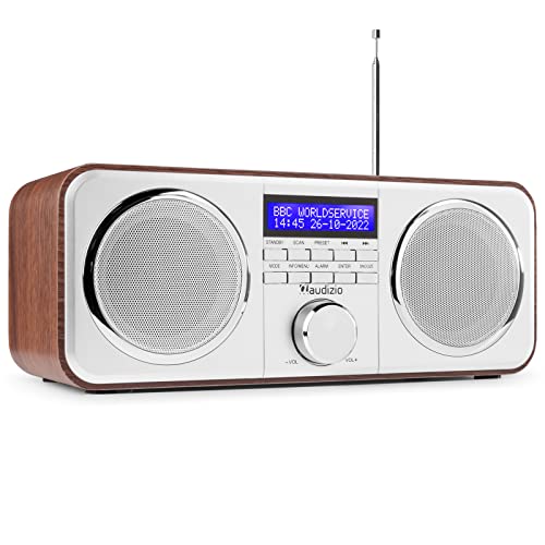 Audizio Novara - DAB Plus Radio, UKW Radio, Digitalradio mit Kopfhöreranschluss, Alarm Radiowecker, Snooze, 20 Speicherplätze, DAB Küchenradio, Stereo Kompaktanlage mit Display - Silber Holz