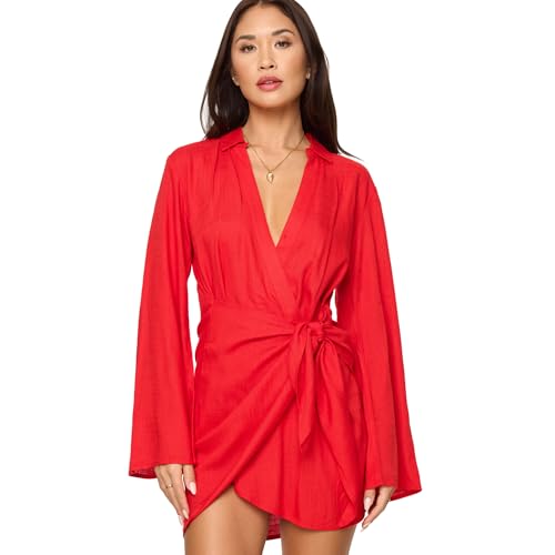 L*Space Las Palmas Dress for Women, Mini-Dress with Tie Front Wrap, Adjustable Tie, Plus Hook & Eye Closure, Flame, M