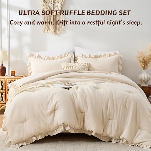 Image of FUANNA Full Size Comforter Sets Beige, 3 Pieces Ruffle Full Size Bedding Sets, Fluffy Bed in a Bag Full for All Seasons, Shabby Chic Full Bed Set with 1 Lightweight Comforter & 2 Pillowshams