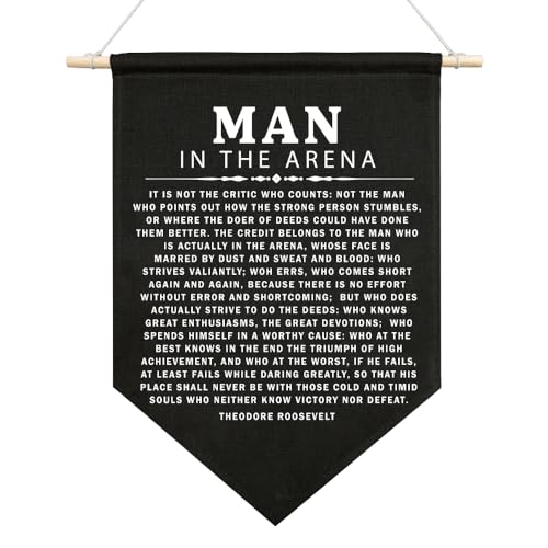 JMYROG The Man in the Arena by Theodore Roosevelt Canvas Hanging Pennant Flag, Home Nursery Boys Room Playroom Decor, Graduation Gifts for Son, Inspirational Quote for High School College Graduation