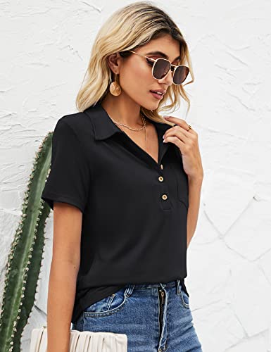 Tfsdod Womens Casual Polo T Shirts V Neck Short Sleeve Button Down Business Casual Tops Loose Work Blouses Black 2Xl #TOP2