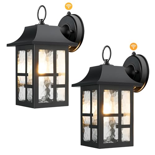 Image of OKELI Dusk to Dawn Outdoor Wall Lights, Exterior Waterproof Lantern, Front Porch Sconce Lighting with Water Ripple Glass Shade, Anti-Rust Wall Lamps Outside Lights for Garage (Black-SIZE-M-2pack)