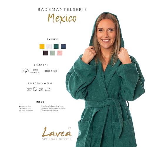 Lavea Mexico – Bademantel Damen & Herren aus 100% Baumwolle – weicher Frottee Morgenmantel mit Kapuze, Unisex Design, Ideal für Sauna & Zuhause, saugstark & pflegeleicht