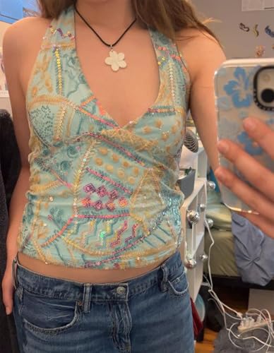 Women Sequin Halter Top Y2K Sparkly Beaded Glitter Party Rave Tank Tops4
