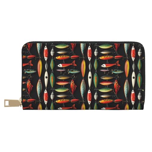 Leather Thin Slim Wallets for Women & Men - Colorful Fish Hook Print Card Wallet Holder with Zipper