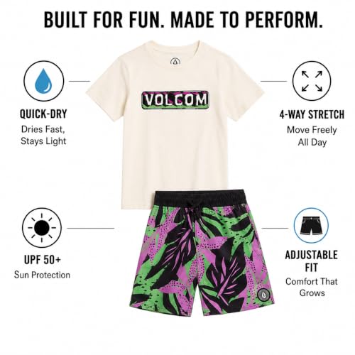 Image of Volcom Baby Boys Swim Set - 2 Piece Short Sleeve Swim Shirt Graphic Tees & Board Shorts - Infant Toddler Little Boys Swimsuit