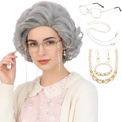 Bettecos Old Lady Wig Costume Set for Women Short Curly Grandma Wig and Glasses Silver Grey Granny Wigs for Old Woman Cosplay Halloween Party (Silver Grey/Old Lady)