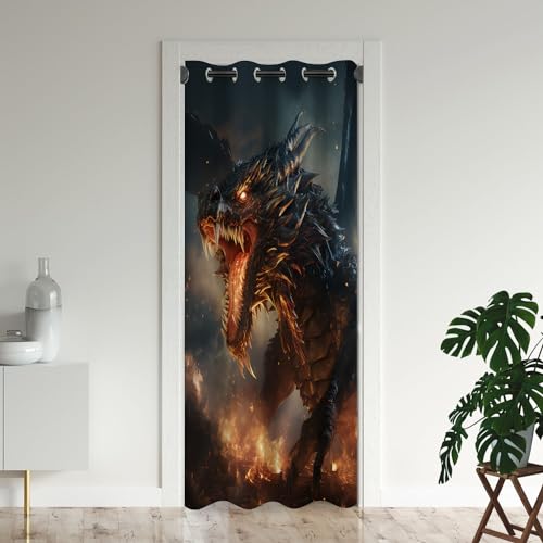 Magic Dragon Door Curtains for Doorways, Mythical Fantasy Animals Fire Dragon Blackout Curtain for Kids Bedroom Closet, Grommet Thermal Insulated Privacy Door Drapes for Room Divider, 34