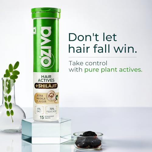 Image of OZiva Hair Actives + Shilajit for Men | Supports Hair Thickness & Density | Hair Fall Supplement with Liposomal SesZen-Bio, GZen-Zinc & Shudh Shilajit | Jeera Masala Flavor | 15 Effervescent Tablets
