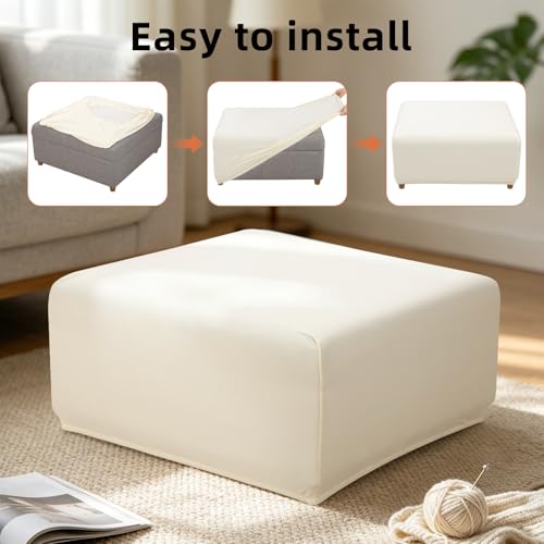 Image of YISUN Super Stretch Square Ottoman Cover - Soft Form Fit Ottoman Slipcover for Foot Stool & Folding Storage, Washable Furniture Protector with Non-Slip Elastic Bottom (M, Beige)