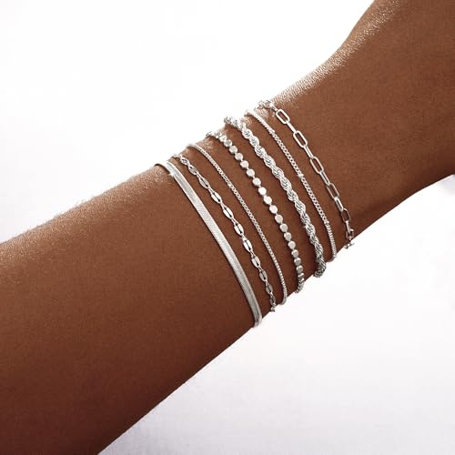Kyerlyn Silver Bracelets for Women Trendy Waterproof Silver Dainty Bracelet Stack Adjustable Layered Bracelet Set Minimalist Fashion Jewelry2