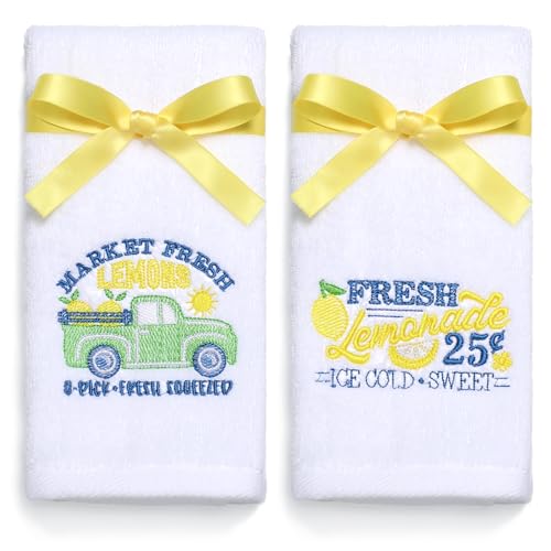 Maracco Lemon Hand Towels Cotton Embroidered, Set of 2, Bathroom Kitchen Dish Towels Lemon Decor Gift 14x29 Inch