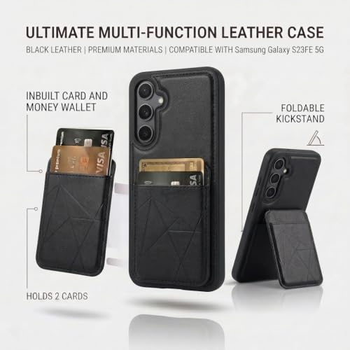 Image of amazon basics Premium Vegan Leather Back Cover with Card Holder and Integrated Mobile Stand for Samsung Galaxy S25 Plus 5G - Slim Shockproof Wallet Case with Geometric Stitching [Black]