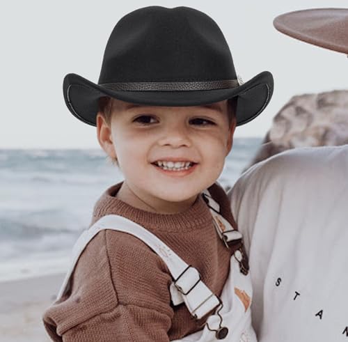 HilyBony Cowboyhut für Kinder, Westernhut für Jungen und Mädchen, breite Krempe, Filz-Fedora-Jazz-Hut mit Gürtel, für 2–6 Jahre, Schwarz mit Gürtel, 2-6 Jahre