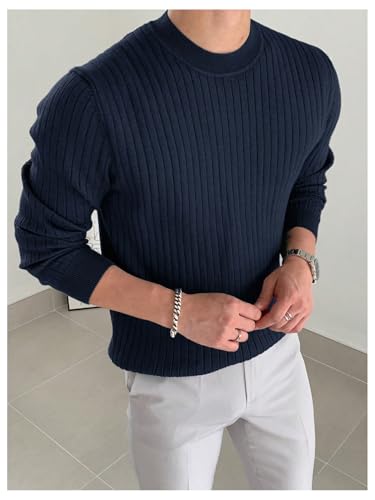 OYOANGLE Men's Round Neck Long Sleeve Ribbed Knit Sweaters Solid Basic Comfortable Casual Pullover Tops2