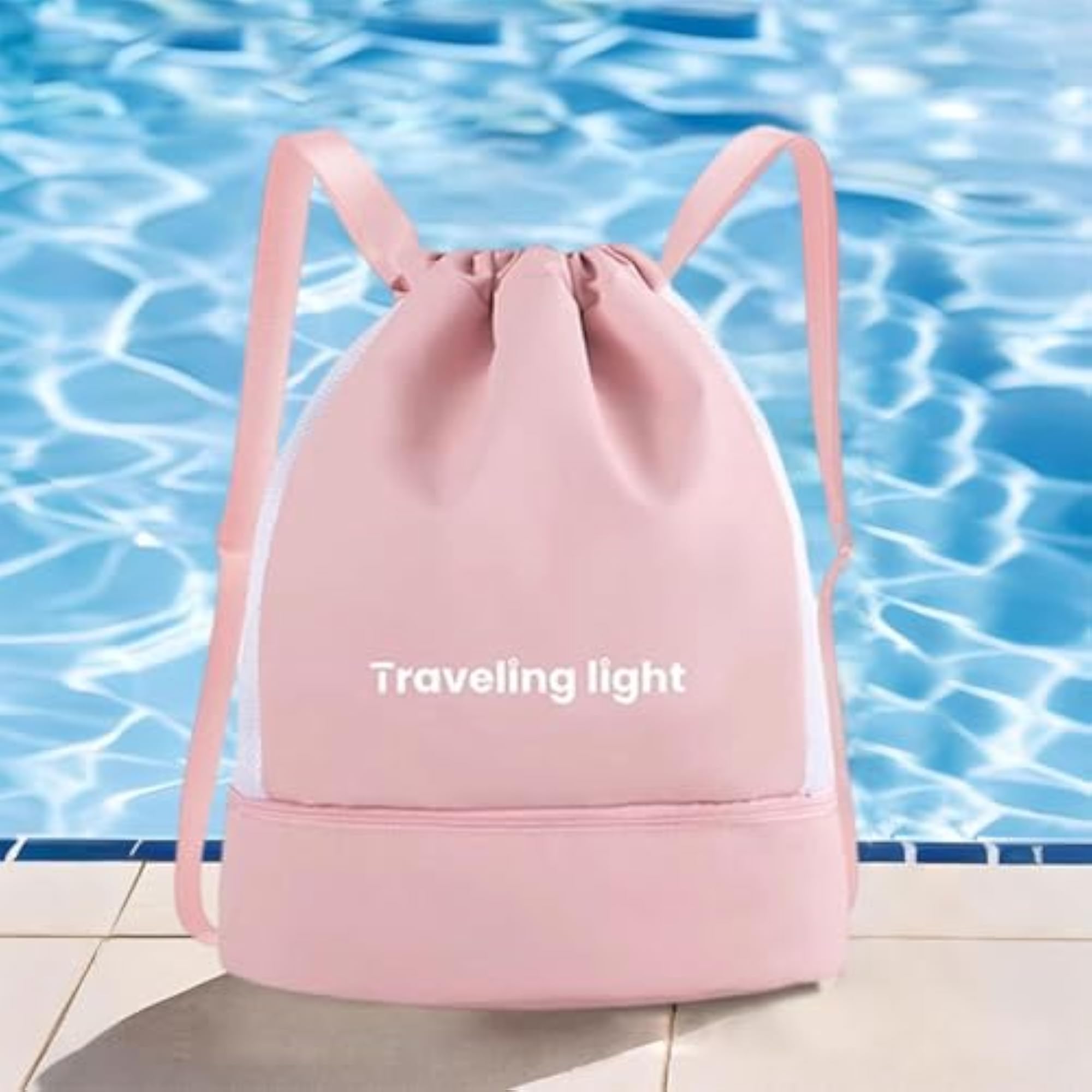 Wide Opening Swimming Bag Drawstring Backpack, Pink