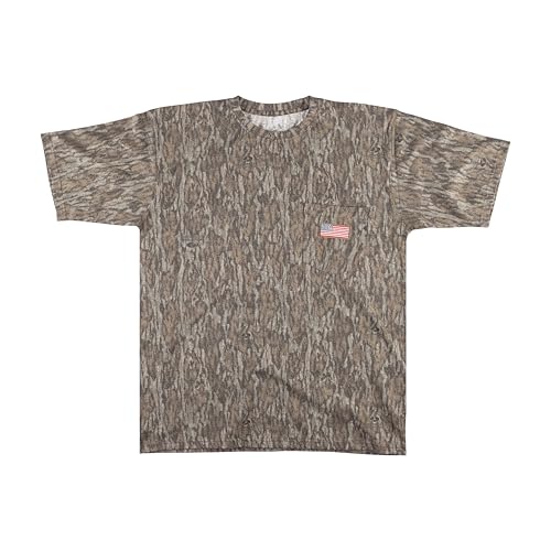 Mooselander Men Patriotic Camo T-Shirt: USA Flag Embroidery Camouflage Street & Gym Wear Chest Pocket Hunting Apparel Mossy Oak New Bottom Land XXL