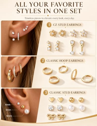 12 Pairs Small Stud Earrings Set, Hypoallergenic 14K Gold Plated Earrings - image 3