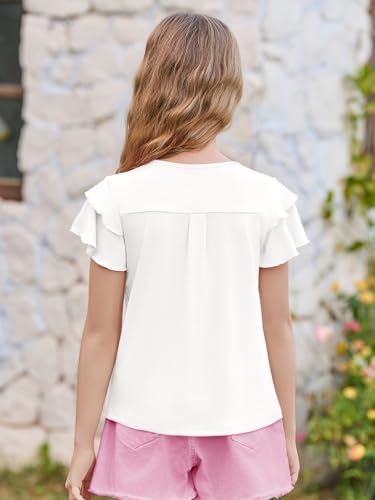 Image of Haloumoning Girls Pleated Ruffle Short Sleeve Shirts Kids Summer Crewneck T-Shirts Fashion Tops Tees 5-14 Years