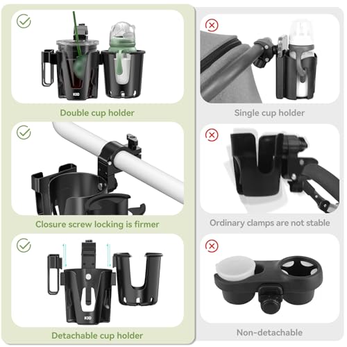 KDD Getränkehalter Kinderwagen mit Handyhalter, 3 in 1 Abnehmbar Stroller Cup Holder, Universal 360° Drehbar Becherhalter Kinderwagen Zubehör für Babywagen Rollator Rollstuhl Buggy Fahrrad Babywippe