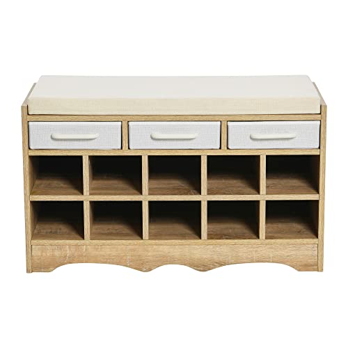 Household Essentials Entryway Storage Bench With 3 Beige Drawers 10 Shoe Compartments And Cushioned Seat In Coastal Oak Rustic Wood Grain #TOP3
