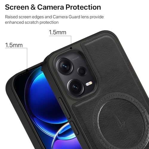 Image of Vaku Luxos Maxtron Back Cover Case for Xiaomi Redmi Note 12 Pro Leather Stitched Magnetic Magsafe TPU Shockproof Case Camera Screen Protector- Black