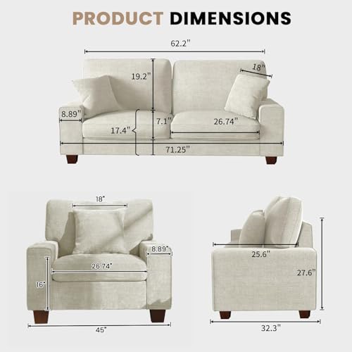 Image of DOPEDIO Modern Living Room Sofa Set, 71.25 inch Chenille Loveseat with 2 Accent Chairs, Removable Covers, Spring Cushions, Solid Wood Frame, Easy Assembly(71.25inch+2 Single,Beige)