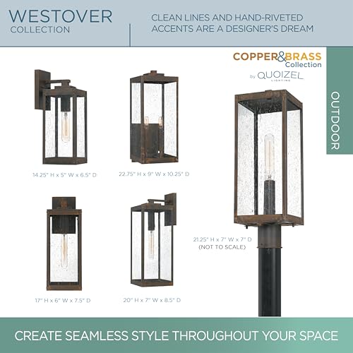 Image of Quoizel Westover Modern Wall Sconce, 22.75 Inch Industrial Bronze 2-Light Outdoor Light Fixture, Clear Seeded Glass Wall Lantern, 60 W, Industrial Design Wall Light for Porch, Patio, Gazebo or Yard