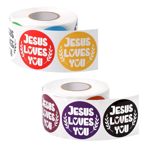 Lot de 2 rouleaux de 1 000 autocollants Jésus Loves You - 3,8 cm - 16 couleurs - Imperméables - Thème religieux - Autocollants à thème religieux - Décalcomanie positive - Idéal pour récompenses