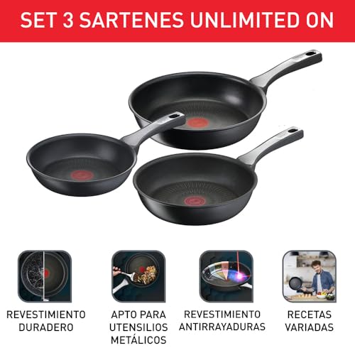 Miniatura 3 de Tefal Unlimited On - Juego De 3 Sartenes 20 24 28 Cm, Apto Inducción, Antiadherente, Revestimiento Titanio, Thermo-Signal, Apto Lavavajillas Y Horno, Acero Inoxidable