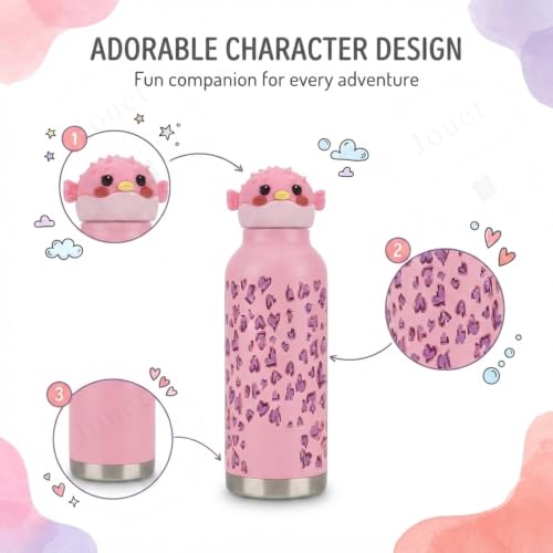 Image of JOUET Kids 600ml Pufferfish Water Bottle, Stainless Steel Reusable Drinking Bottle with Character Lid for School, Outdoor, Travel & Daily Use