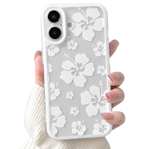 Lovmooful Compatible for iPhone 16 Case Clear Cute Floral Flower Hibiscus with Color Edge Design for Girls Women Soft TPU Shockproof Protective Girly for iPhone 16 Case-White
