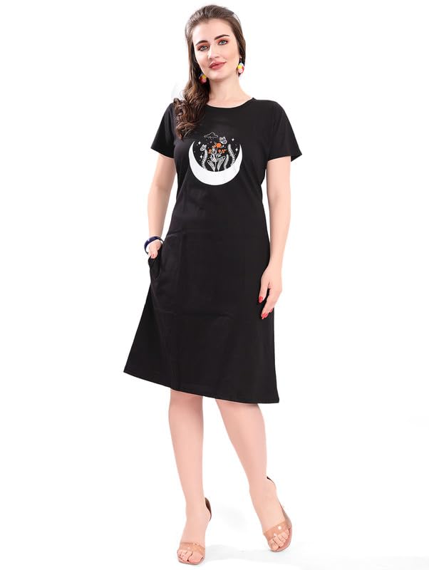Image of Printed Knee Length Pocket Night Dresses for Women | Cat Lovers | Premium Soft Cotton Nighty | Sky Blue