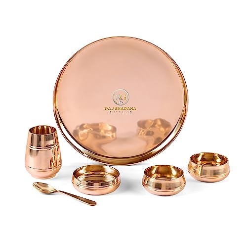 RAJ GHARANA METALS Pure Kansa Dinner Set | Bronze Thali Set Handi Shape | Glossy Finished KANSA Utensils Set of 6 Pcs as 1 Thali Dia 12 inch 2 Bowl 1 Sweet Dish 1 Glass 1 Spoon - Ideal Gift