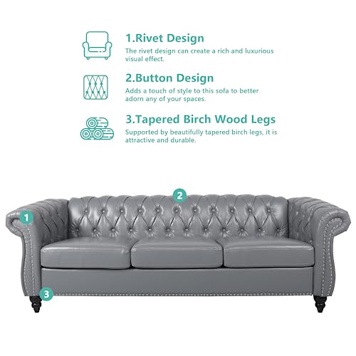 Image of QHITTY Accent Large Sofa, Chesterfield Couch 3 Seater Modern Leather Couch Upholstered Sofa with Tufted Back for Living Room Furniture (Grey)