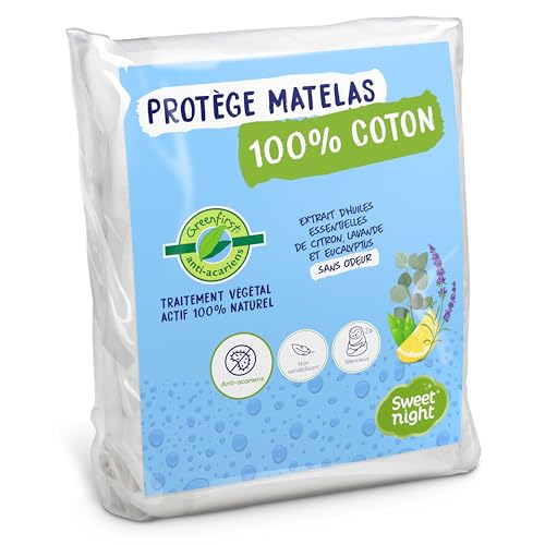 Sweetnight - Protège Matelas 140x190 cm - Molleton 100% Coton : Doux et Soyeux - Traitement Végétal Anti-Acariens Greenfirst - Protection Respirante Douce et Silencieuse