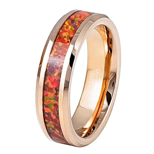 Rose Gold IP 6mm Beveled Edge Synthetic Red Fire Opal Inlay Wedding Band Comfort Fit - Womens Tungsten Carbide Ring