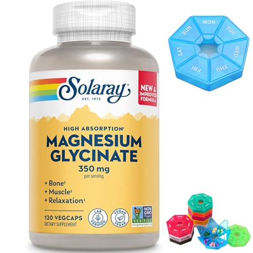 Magnesium Glycinate Capsules, Chelated Magnesium Bisglycinate w/BioPerine, Higher Absorption Magnesium Supplement Made For SOLARAY - 350 mg, 120 VegCaps + Bonus Pill Organizer, Pill Case 7 Days