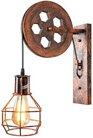 PUZHI HOME Industrial Wall Sconce Pulley Wall Lamp 1-Light Wall Light Fixtures for Indoor Lighting Bathroom Kitchen Living Room -Rust Finished