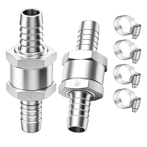 mxuteuk 2Pcs 3/8 10mm Aluminium Silver Non Return One Way Check Valve with 4Pcs 6-12mm Universal Adjustable Hose Clamps for Fuel Petrol Diesel Line Oil M-H-032-10mm