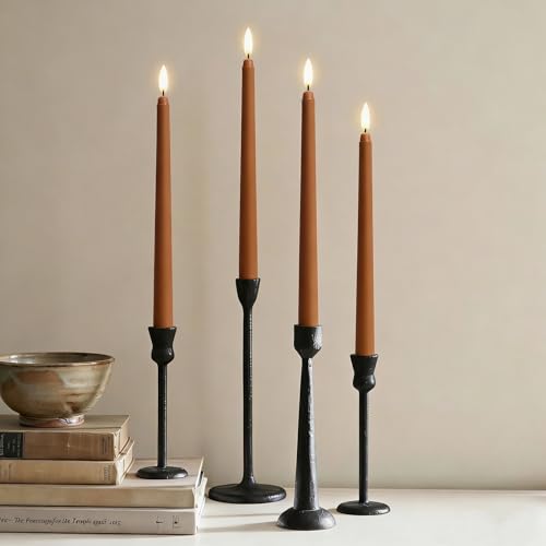 Image of Brown Flameless Taper Candles with Remote, Flickering Battery LED Candlesticks Fall Decor Set of 4