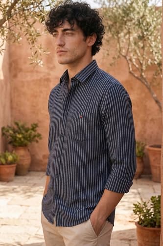 Image of Louis Philippe Men's Slim Fit Signature Oxford Easy Care, Natural Stretch Full Sleeve Stripe Casual Shirt