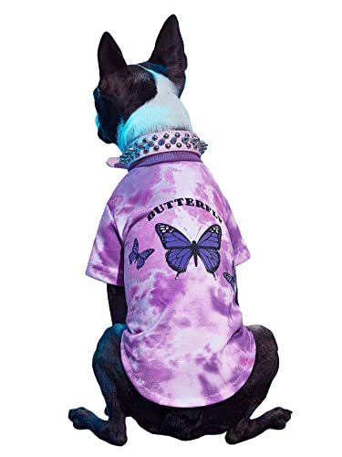 QWINEE Tie Dye Dog Tee Shirt Butterfly Puppy T Shirt Soft Cat Shirts Clothes for Small Medium Dogs Kitten Purple L
