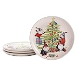 Bico Platos de ensalada de cerámica de gnomos de Navidad y árbol de Navidad, 8.75 pulgadas, juego de 4, para ensalada, aperitivos, microondas y lavavajillas