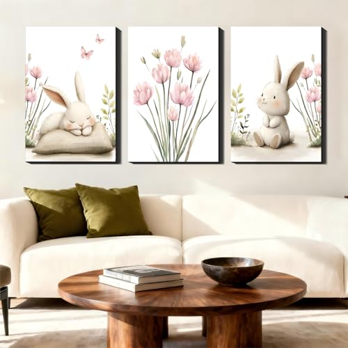 3 Piece Framed Canvas Wall Art, Cute Sleeping Rabbit &