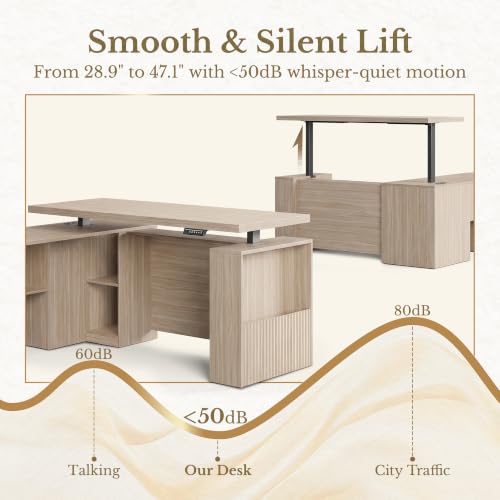 Image of 63 Inches L Shaped Electric Standing Desk, Height Adjustable Executive Desk with Drawers and File Cabinet, AC /USB, 1.18 inch Desktop and Privacy Panel for Home Office, Natural Walnut