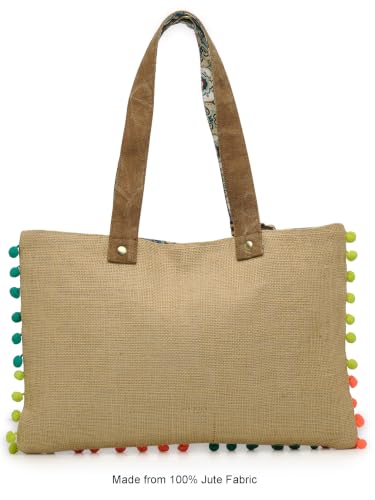 Image of The House of tara Jute Tote Handbag | Brown Beige Printed Shoulder Bag | Tassel Embellished | Magnetic Closure | Zipper Compartment | Casual Bag for College, Office & Daily Use | For Women